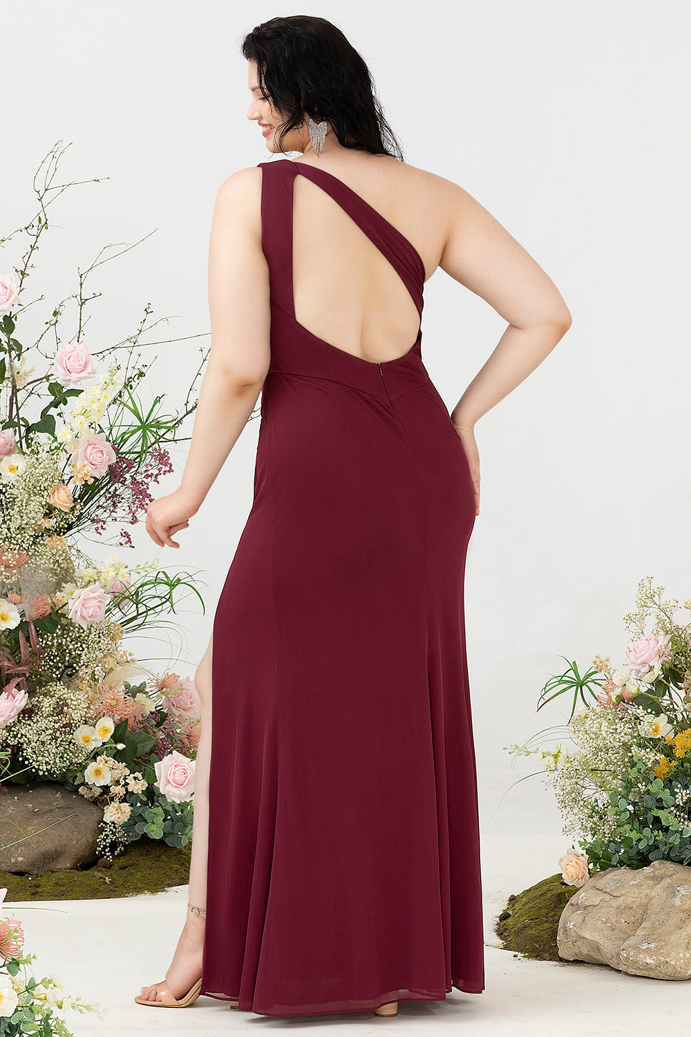 Desert Rose One Shoulder Draped Chiffon Plus Size Wedding Party Dress with Slit