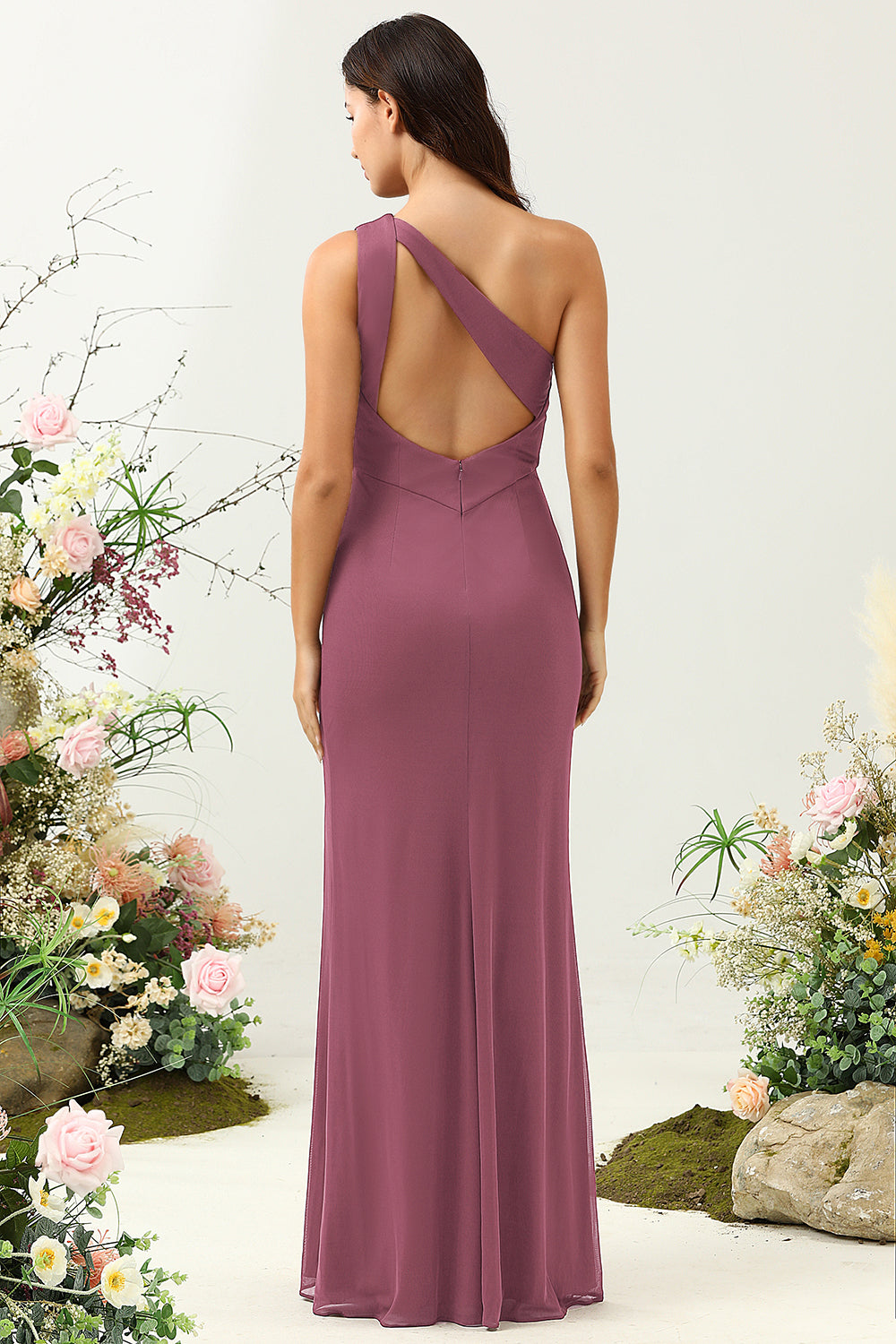 Desert Rose Mermaid One Shoulder Long Bridesmaid Dress with Slit