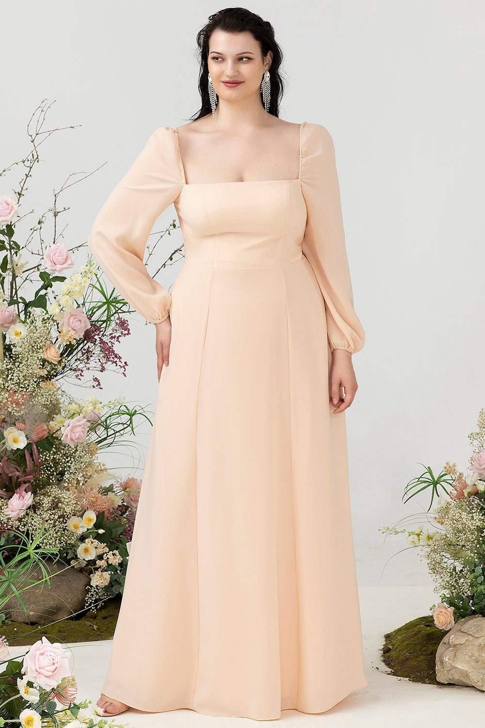 Champagne A Line Square Neck Chiffon Plus Size Bridesmaid Dress