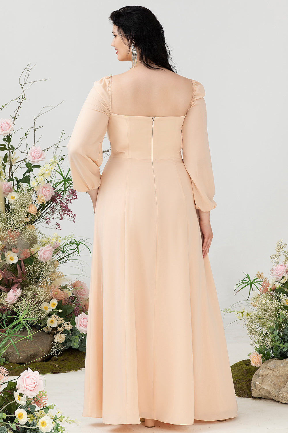 Champagne A Line Square Neck Chiffon Plus Size Bridesmaid Dress