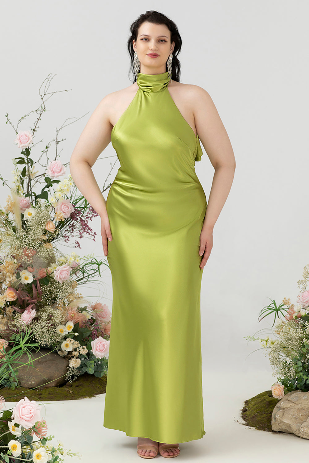 Lemon Green Sheath Halter Satin Floor Length Plus Size Formal Dress with Open Back