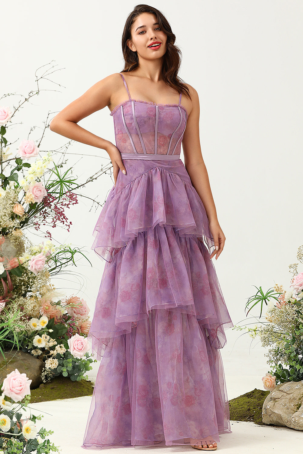 Purple A Line Spaghetti Straps Tulle Corset Tiered Wedding Guest Dress