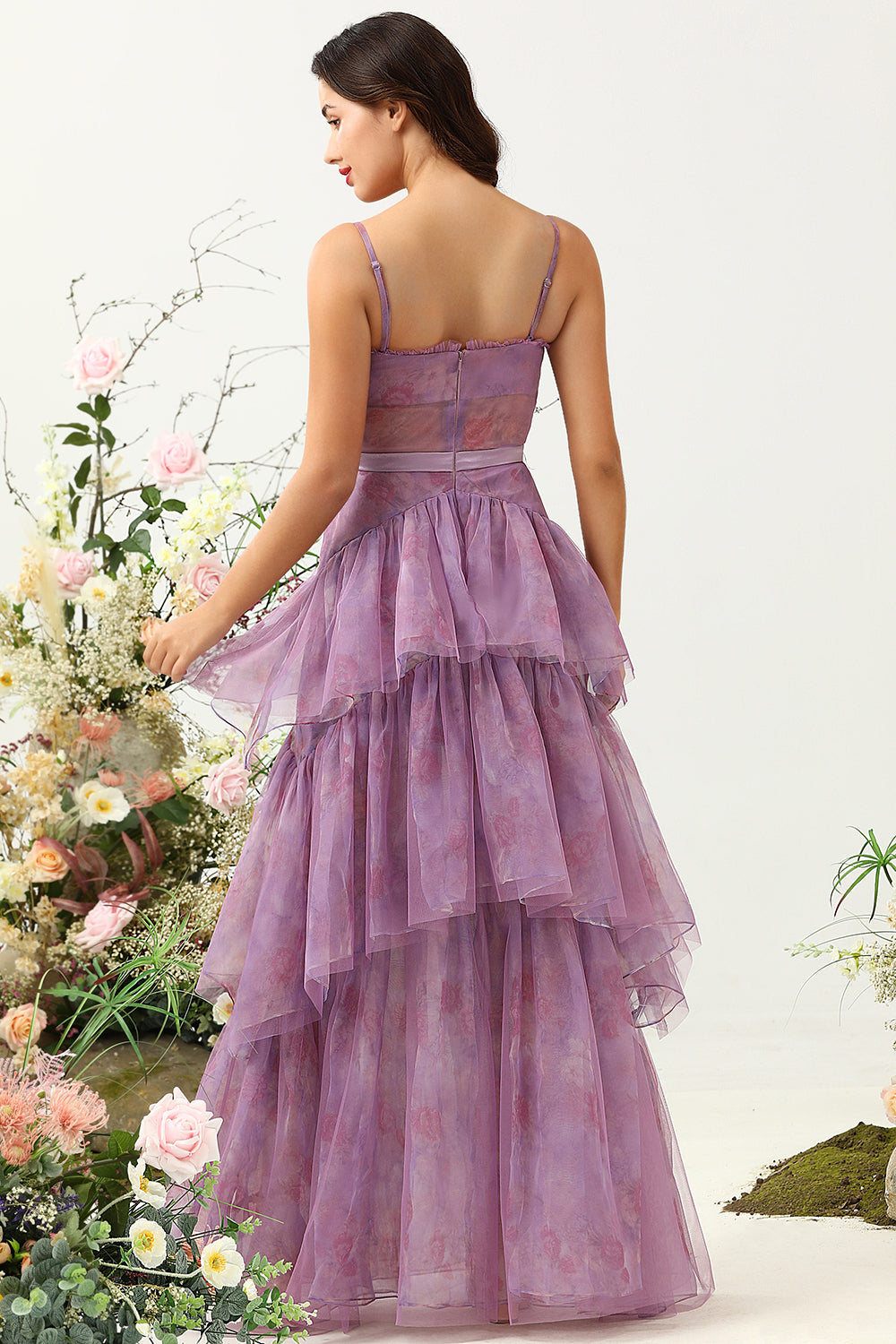 Purple A Line Spaghetti Straps Tulle Corset Tiered Wedding Guest Dress