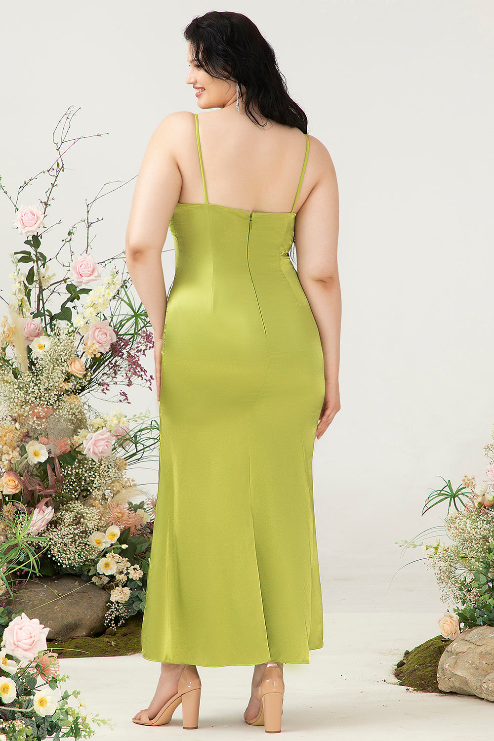 Lemon Green Mermaid draping Bust Satin Plus Size Wedding Guest with Slit