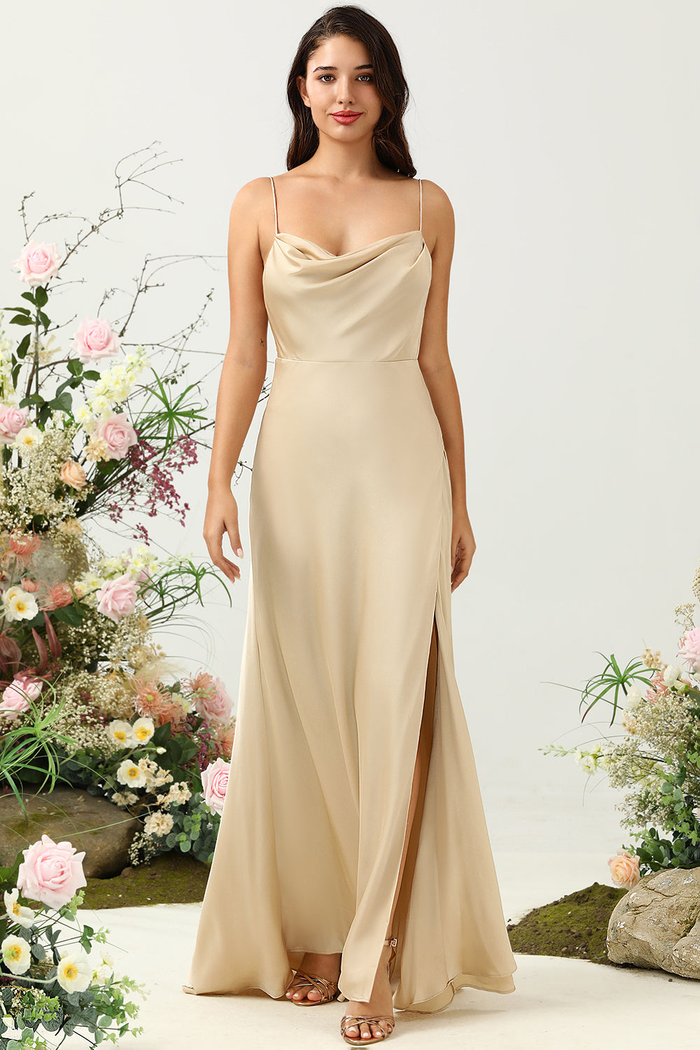 Champagne A Line Cowl Neck Spaghetti Straps Satin Bridesmaid Dress with Slit