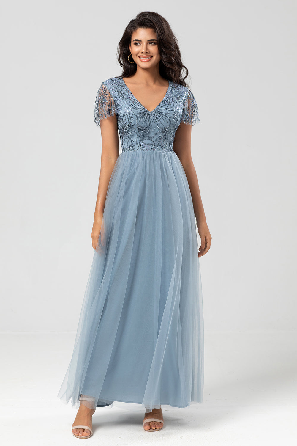 A-Line V Neck Embroidered Tulle Dusty Blue Bridesmaid Dress with Beading