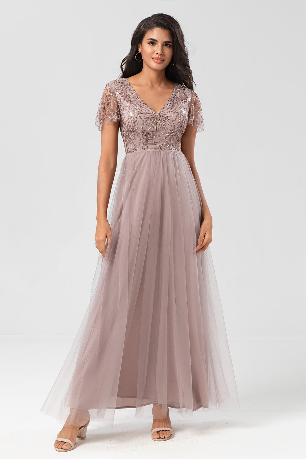 A-Line V Neck Embroidered Tulle Dusty Pink Bridesmaid Dress with Beading