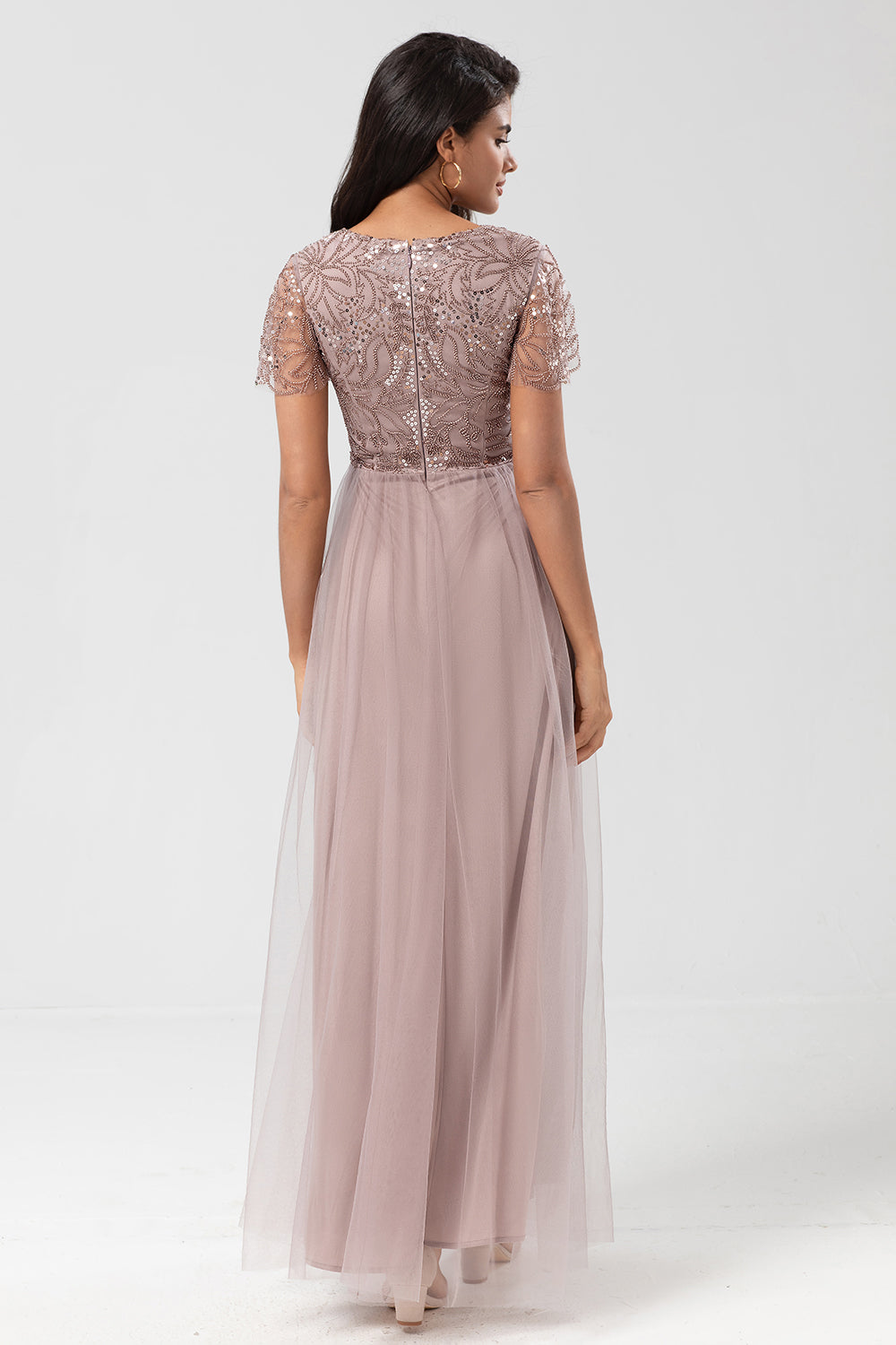 A-Line V Neck Embroidered Tulle Dusty Pink Bridesmaid Dress with Beading