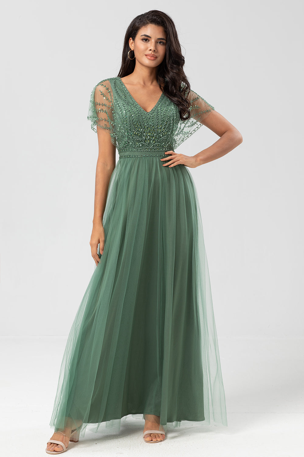 Tulle A-Line Beaded Embroidered Tulle Eucalyptus Bridesmaid Dress