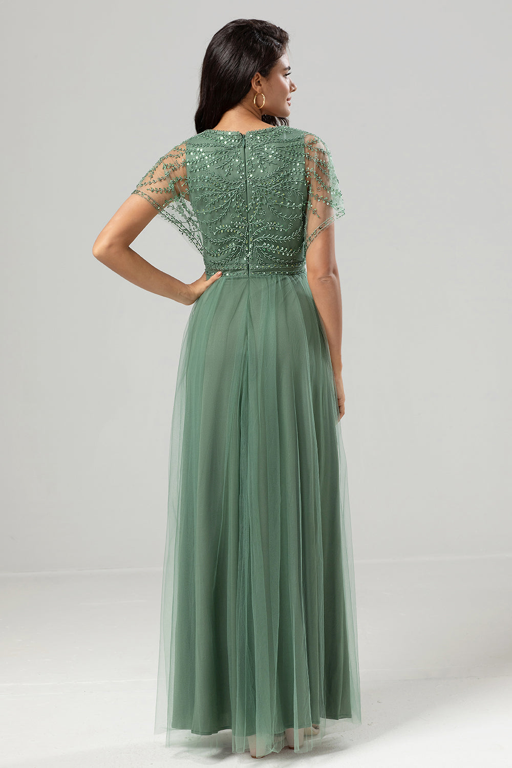 Tulle A-Line Beaded Embroidered Tulle Eucalyptus Bridesmaid Dress