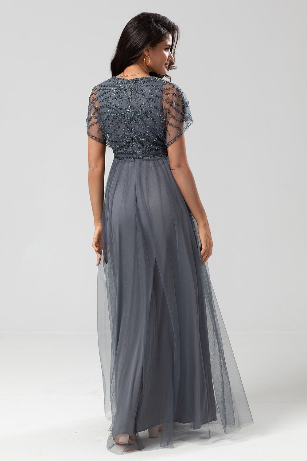 Tulle A-Line Beaded Embroidered Tulle Twilight Bridesmaid Dress