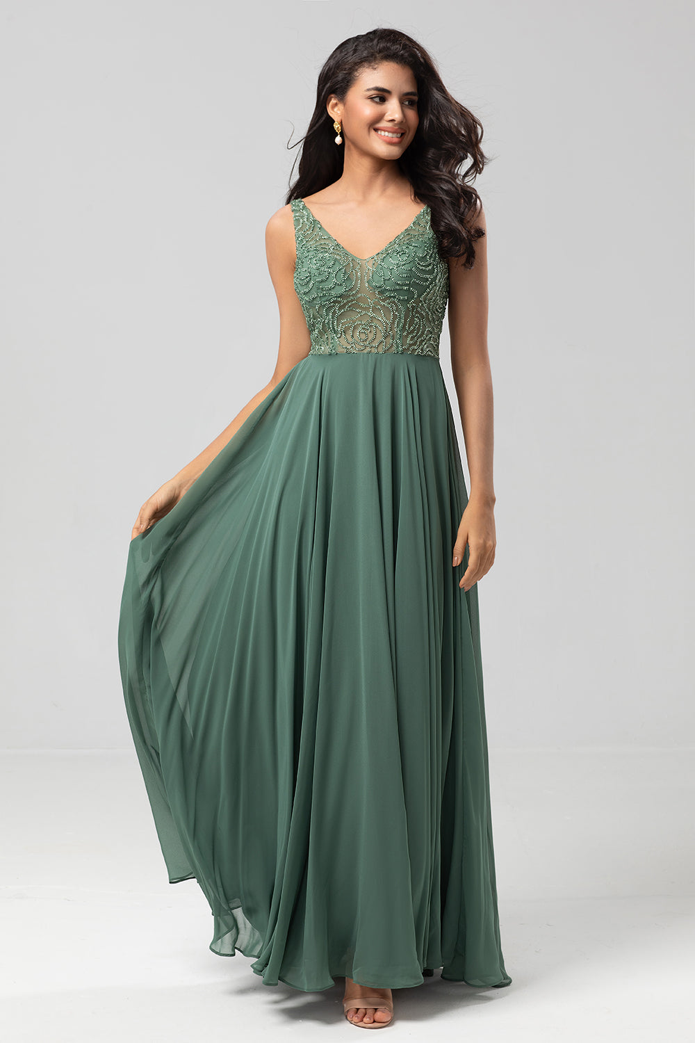 A-Line Beaded Eucalyptus Long Bridesmaid Dress