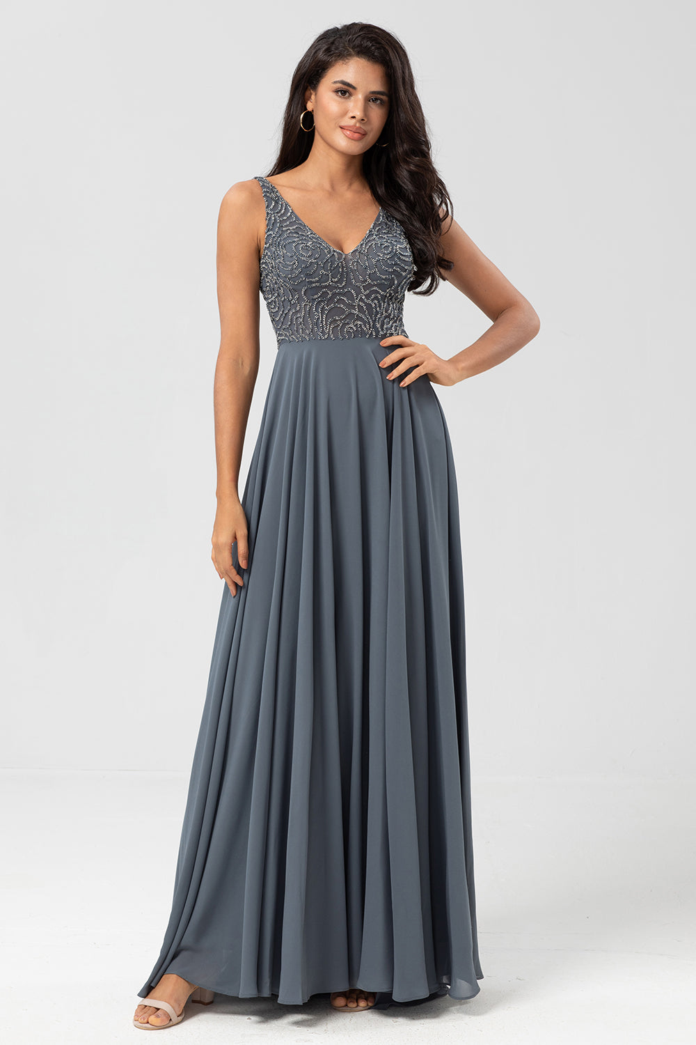 A-Line V Neck Beaded Long Twilight Bridesmaid Dress