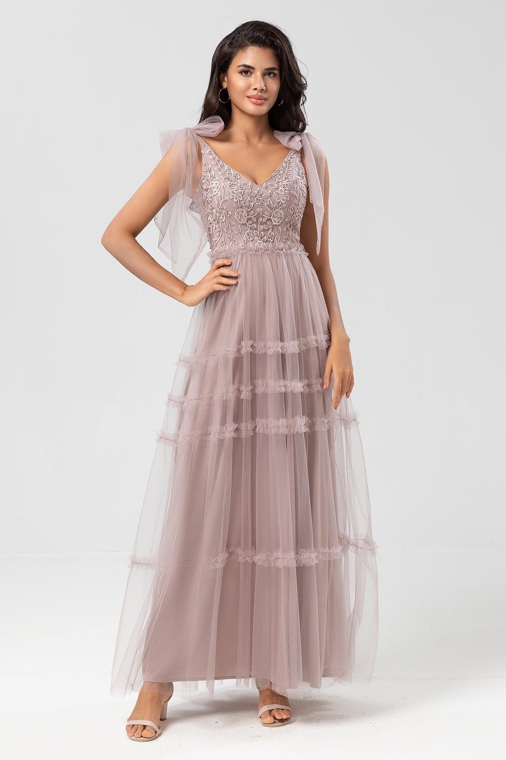 A-Line Embroidered Tulle Dusty Pink Bridesmaid Dress With Beading