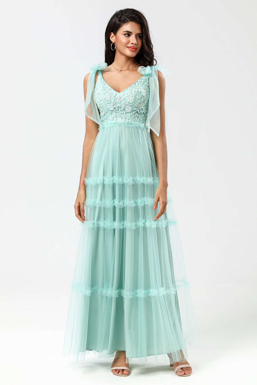 A-Line Embroidered Tulle Mint Bridesmaid Dress With Beading