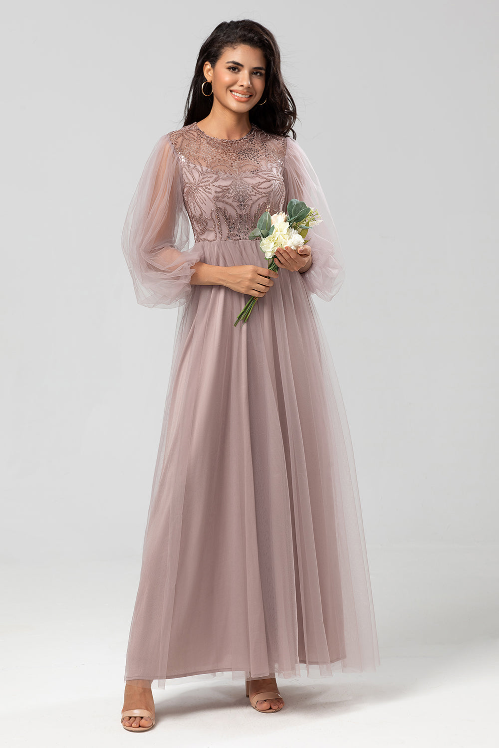 A-Line Round Neck Tulle Beaded Bridesmaid Dress With Long Sleeves