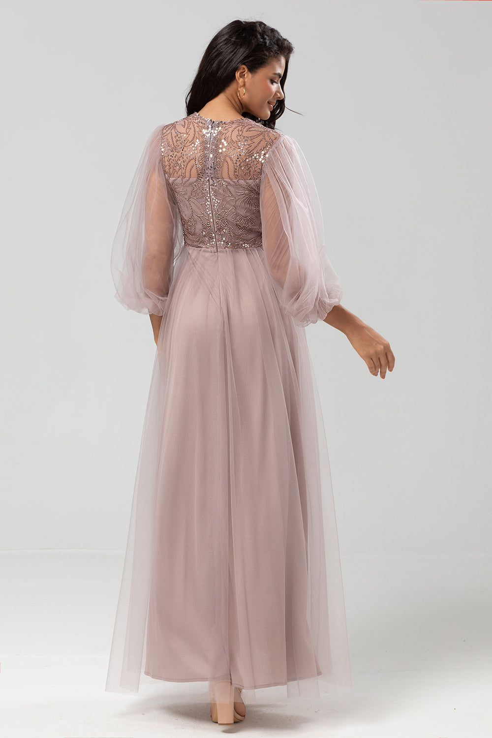 A-Line Round Neck Tulle Beaded Bridesmaid Dress With Long Sleeves