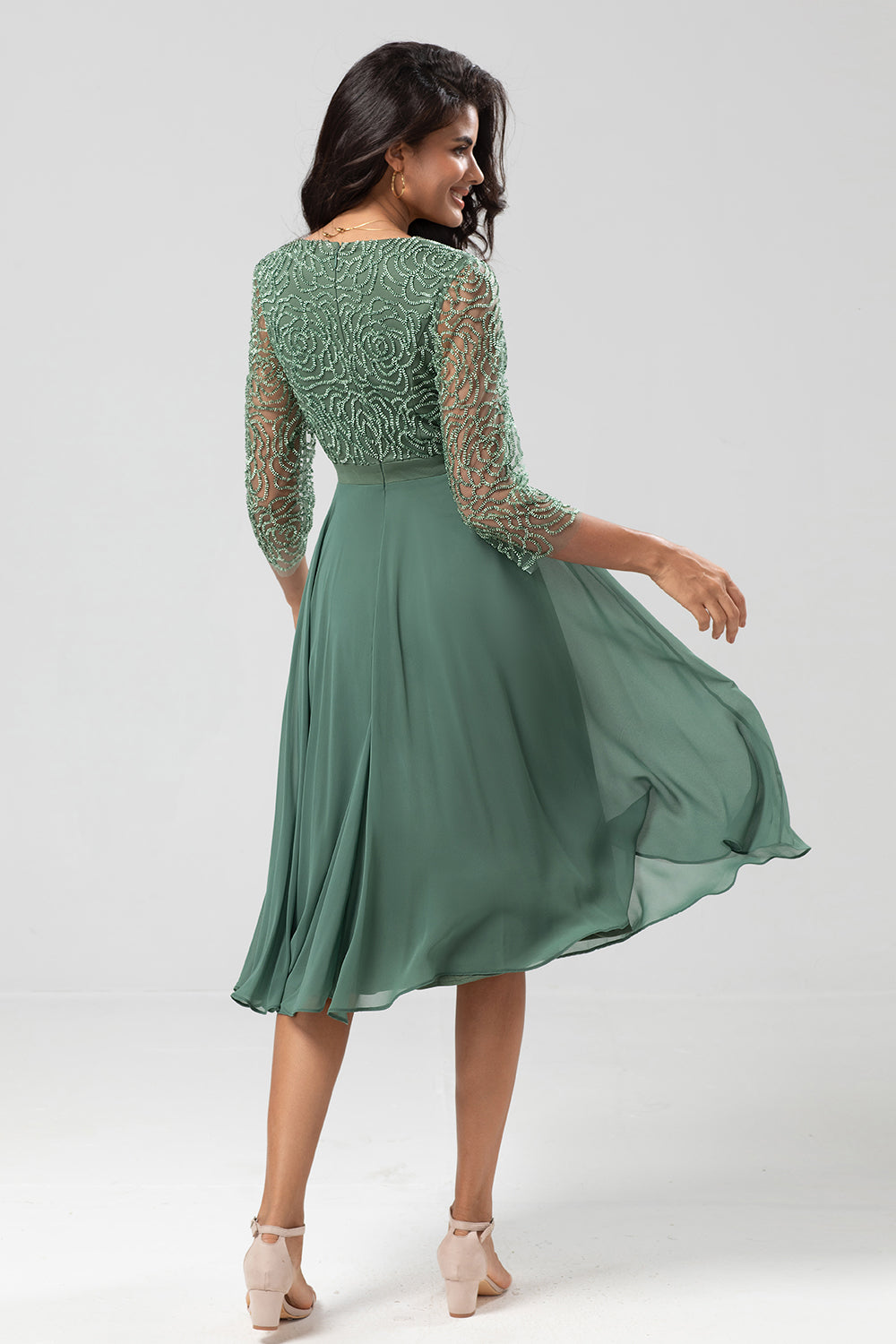 A Line Eucalyptus V-Neck Beaded Long Sleeves Bridesmaid Dress