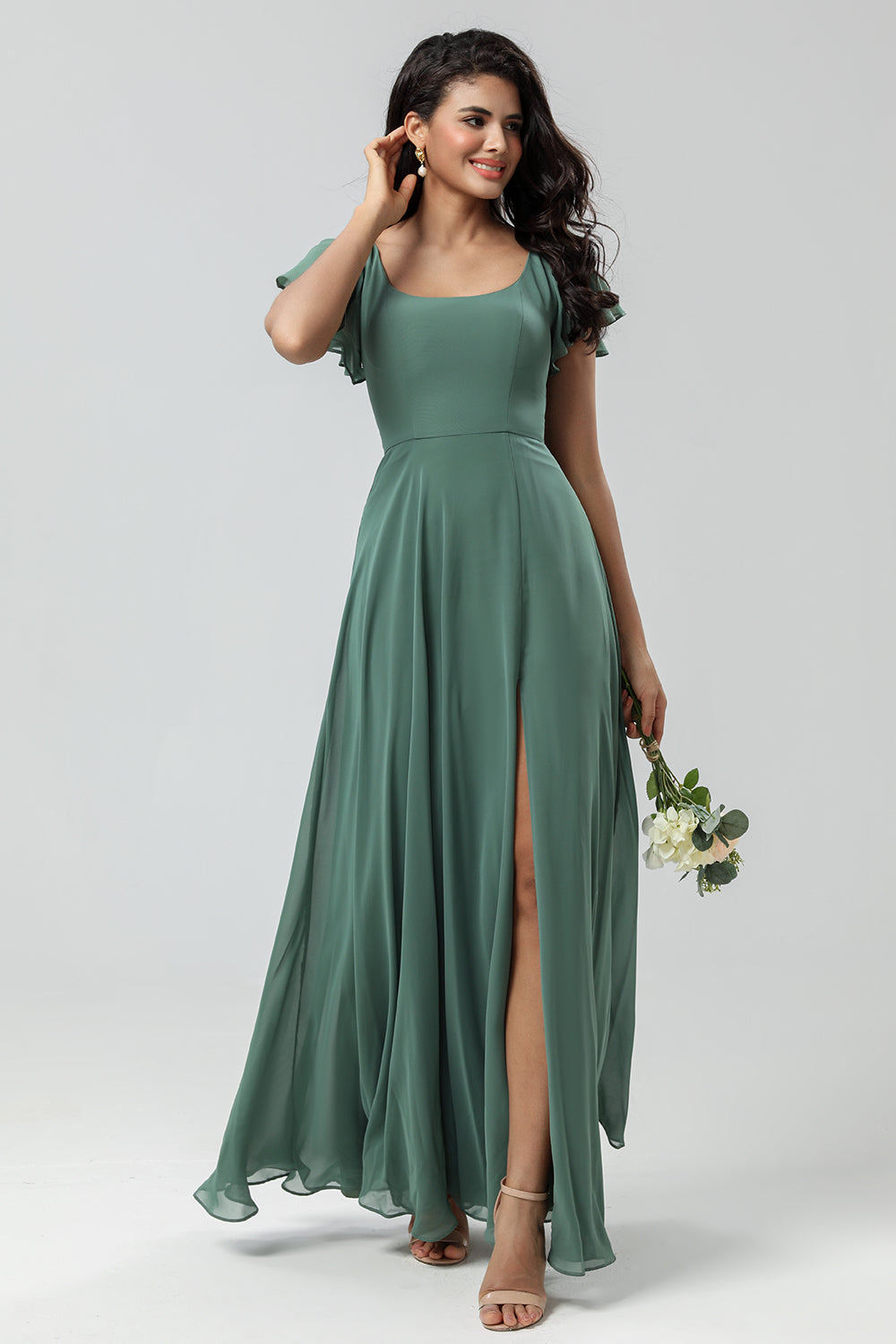 A-Line Eucalyptus Long Bridesmaid Dress with Ruffles