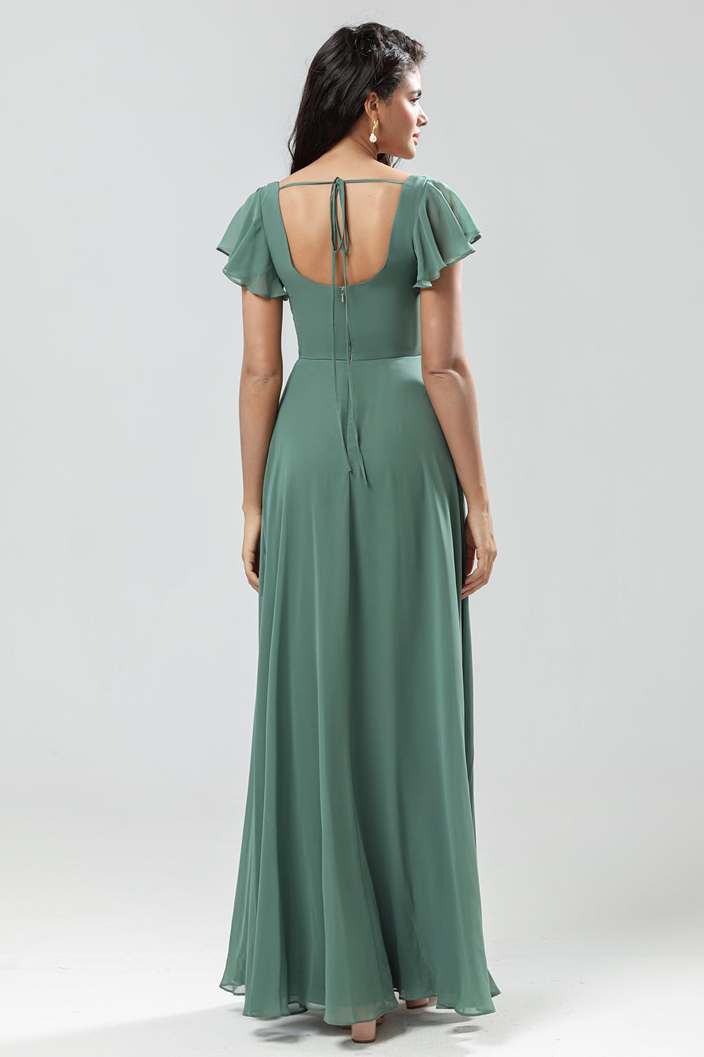 A-Line Eucalyptus Long Bridesmaid Dress with Ruffles