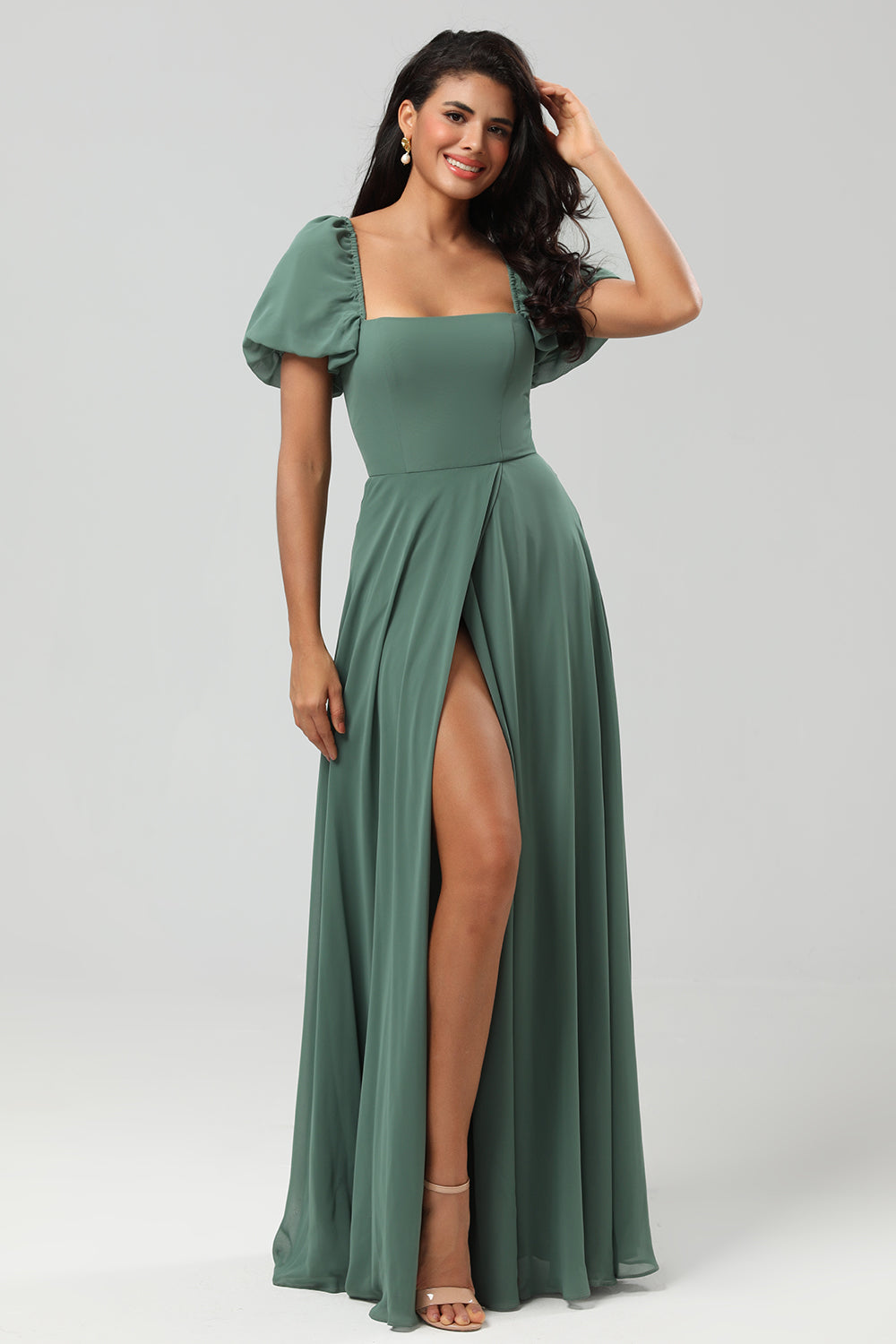 A Line Chiffon Puff Sleeves Eucalyptus Bridesmaid Dress With Slit