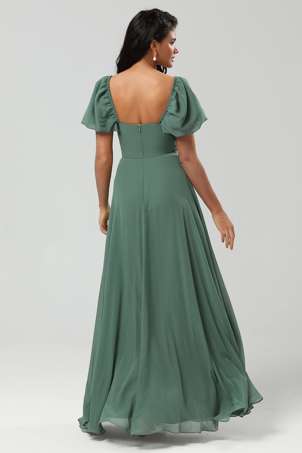 A Line Chiffon Puff Sleeves Eucalyptus Bridesmaid Dress With Slit