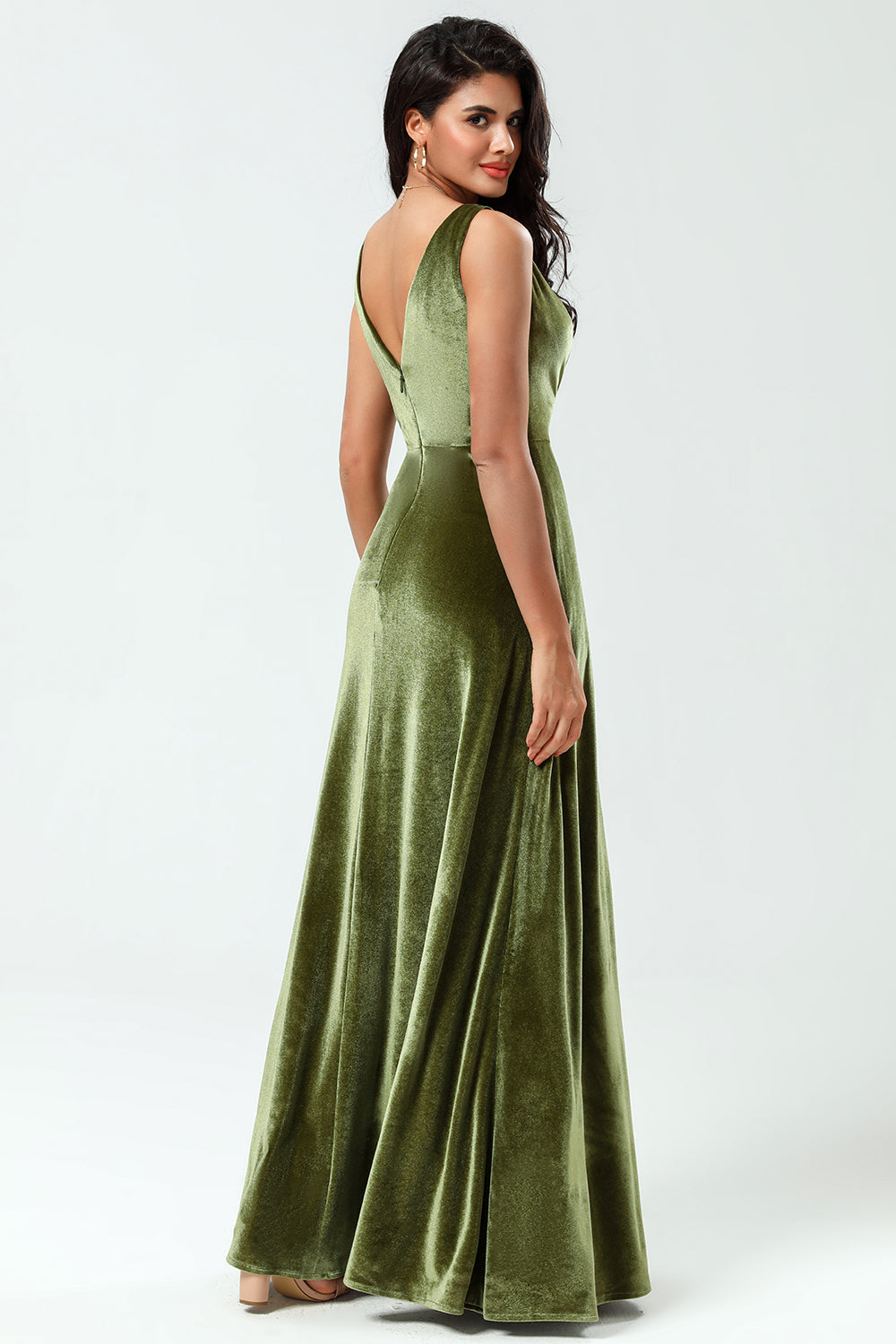 A Line V-Neck Ruched Floor-Length Slit Velvet Bridesmaid Dress with Pocket