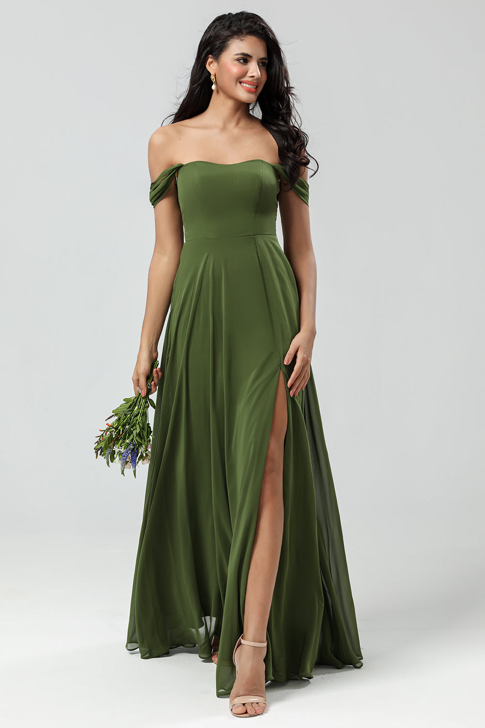 A Line Off The Shoulder Floor-Length Chiffon Bridesmaid Dress with Slit