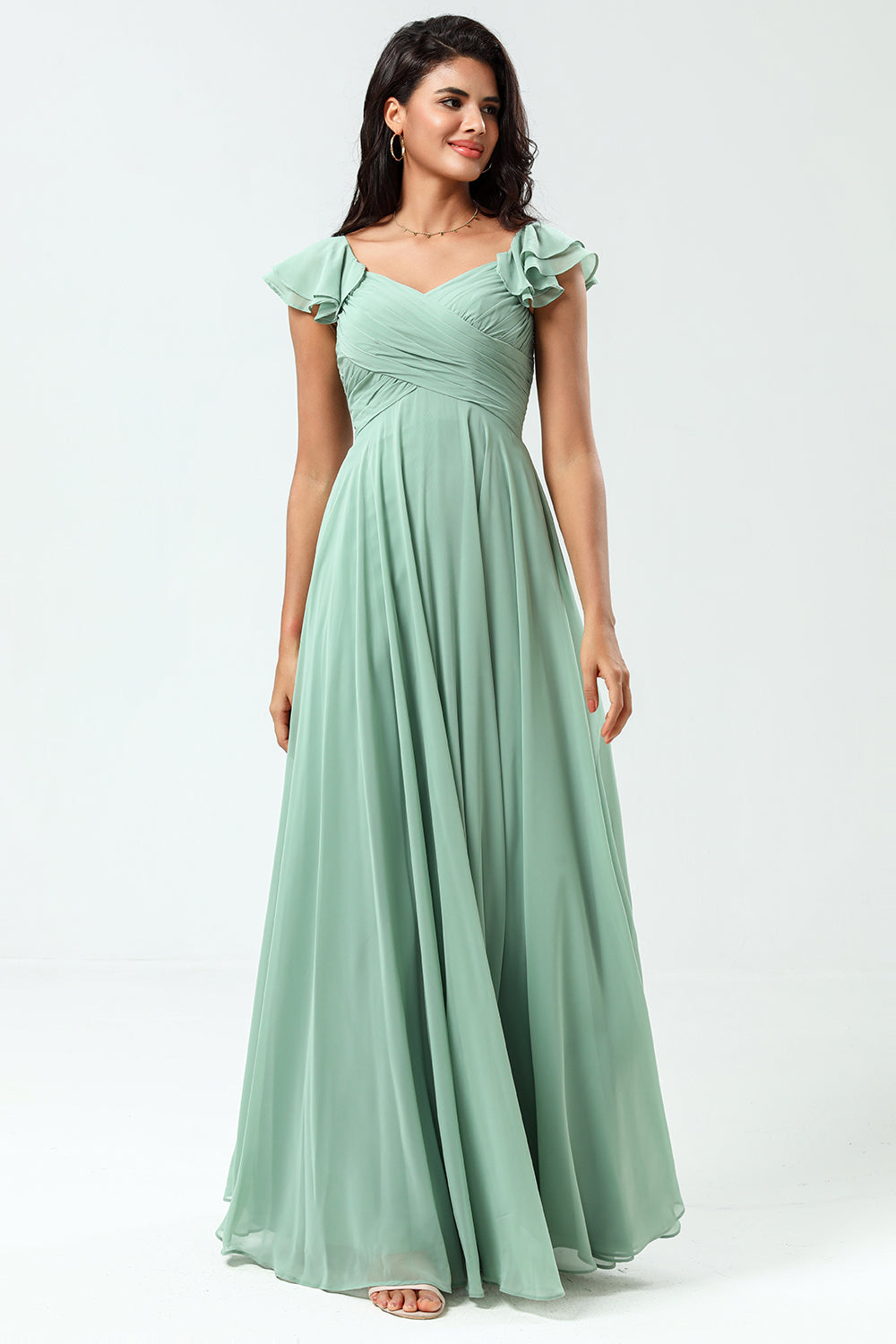 Lace-Up Back Cross A Line Chiffon Green Bridesmaid Dress with Ruffles