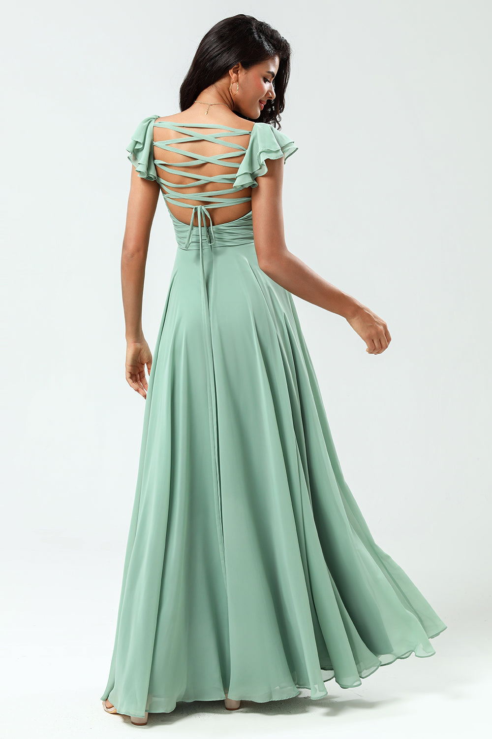 Lace-Up Back Cross A Line Chiffon Green Bridesmaid Dress with Ruffles