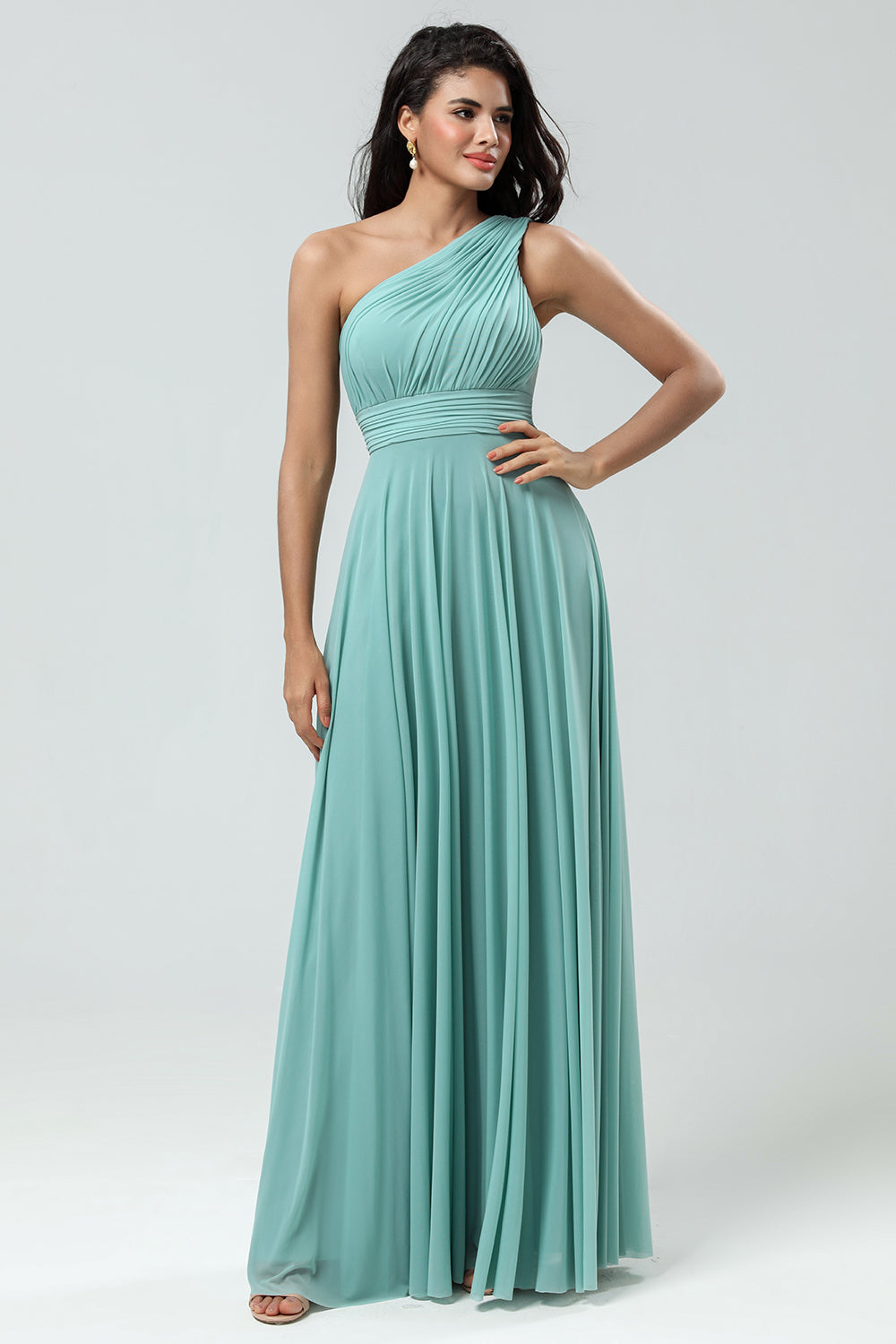 A-Line One Shoulder Pleated Floor Length Bridesmaid Dress