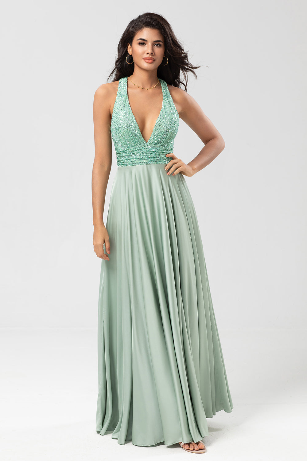 A Line V-Neck Sequin Top Matcha Long Bridesmaid Dress with Beading