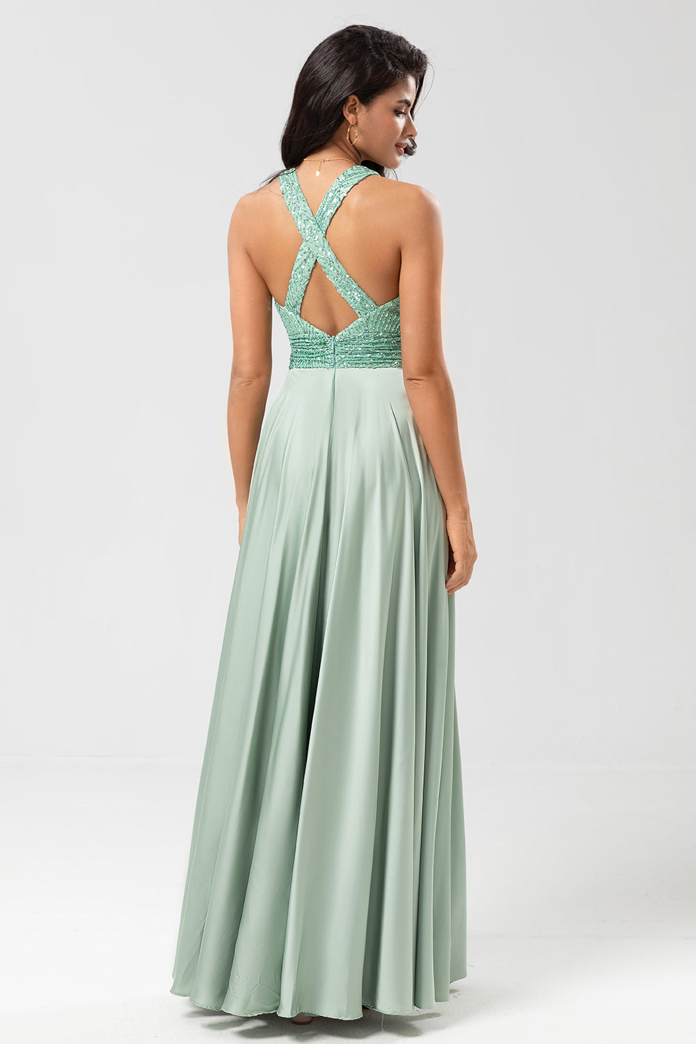 A Line V-Neck Sequin Top Matcha Long Bridesmaid Dress with Beading