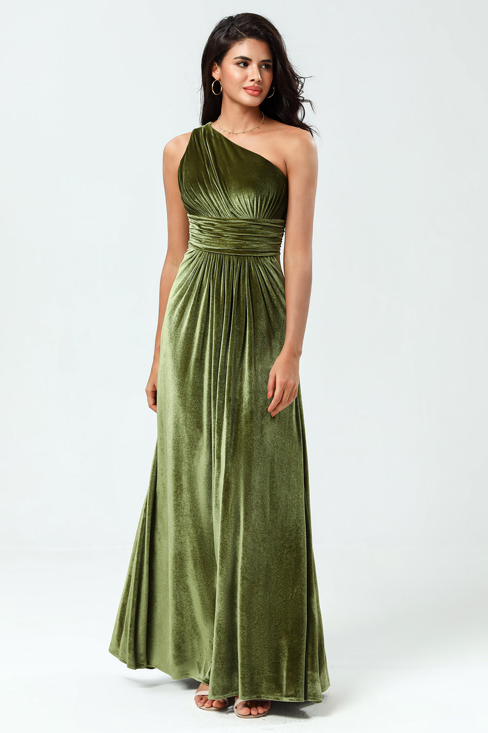 A Line One Shoulder Ruched Floor-Length Velvet Bridesmaid Dress