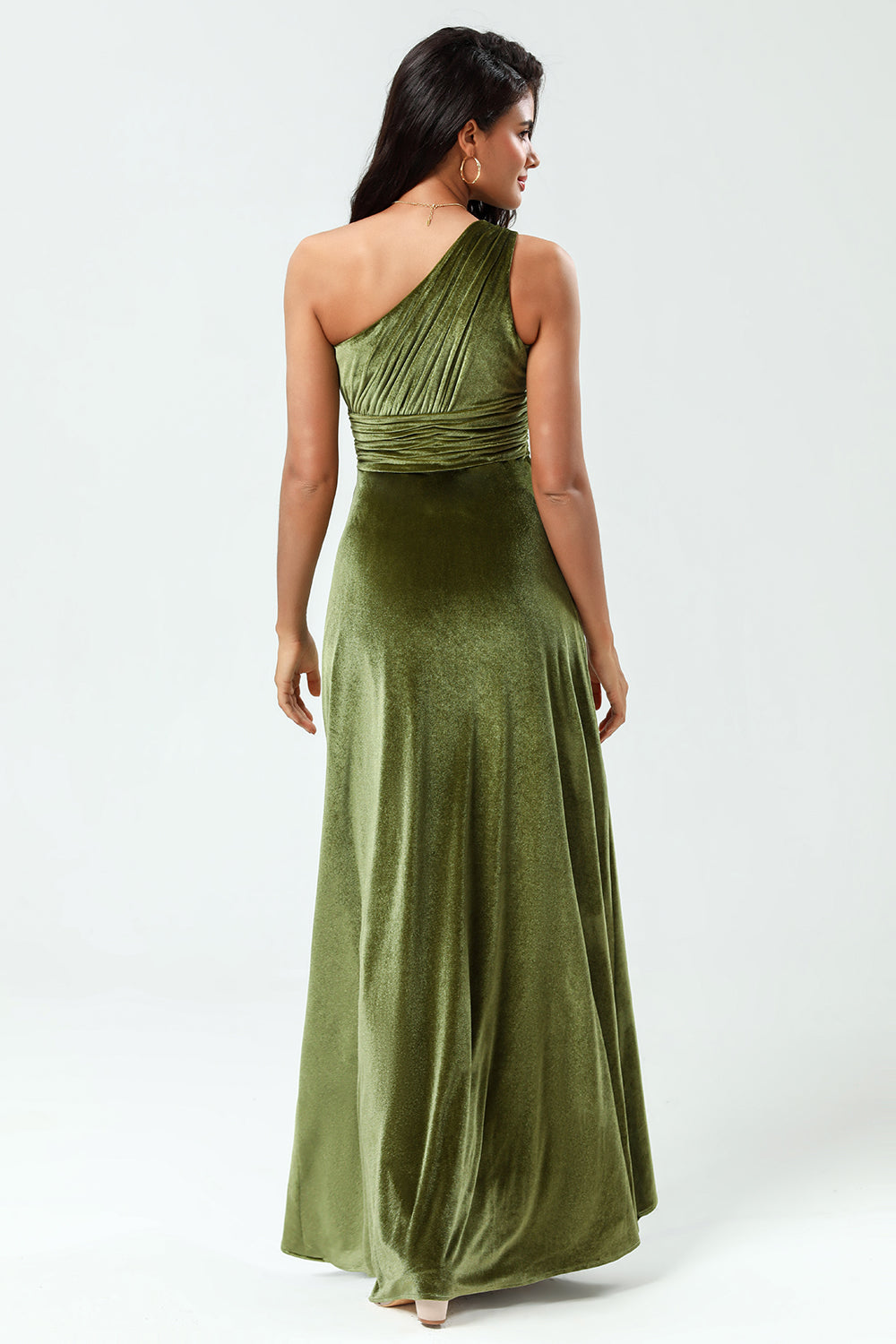 A Line One Shoulder Ruched Floor-Length Velvet Bridesmaid Dress