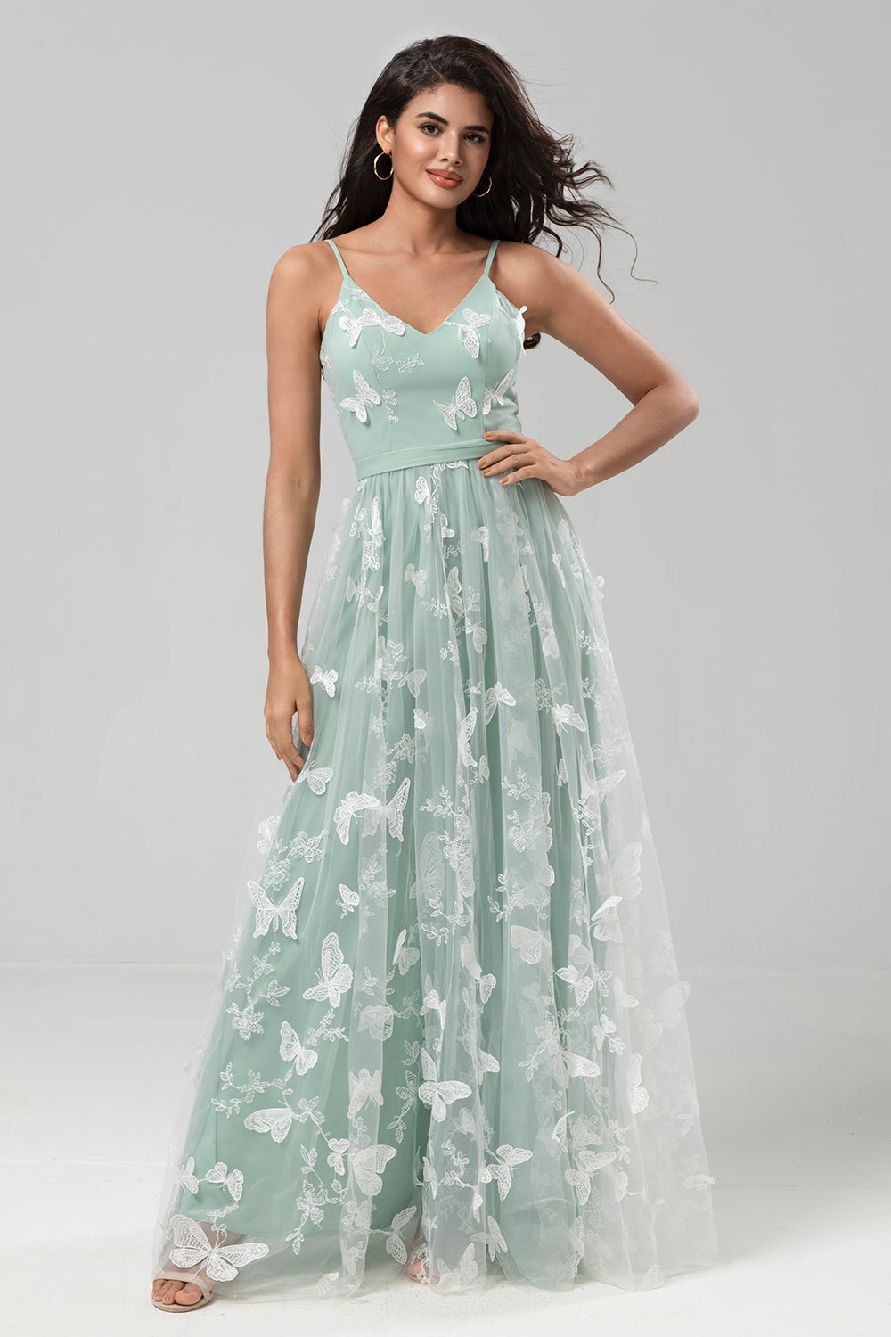 A Line Spaghetti Straps Matcha Long Bridesmaid Dress with 3D Butterfly Embroidery