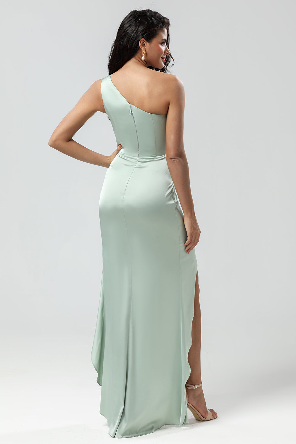 Mermaid One Shoulder Pleated Matcha Bridesmaid Dress with Ruffles