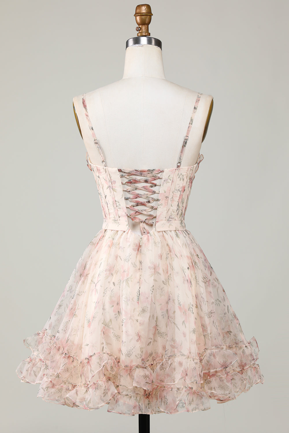 Champagne A-Line Corset Floral Short Homecoming Dress with Lace Up Back