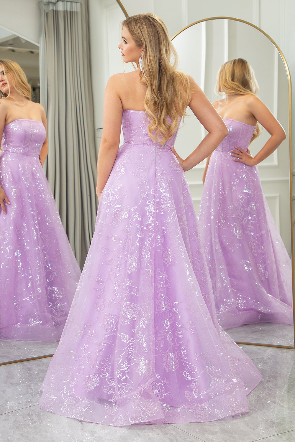 Sparkly Lilac A Line Strapless Sequin Long Prom Dress