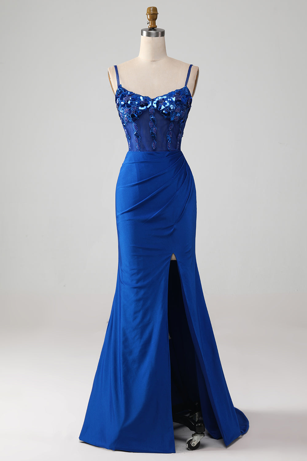 Royal Blue Mermaid Spaghetti Straps Beaded Corset Prom Dress with Slit