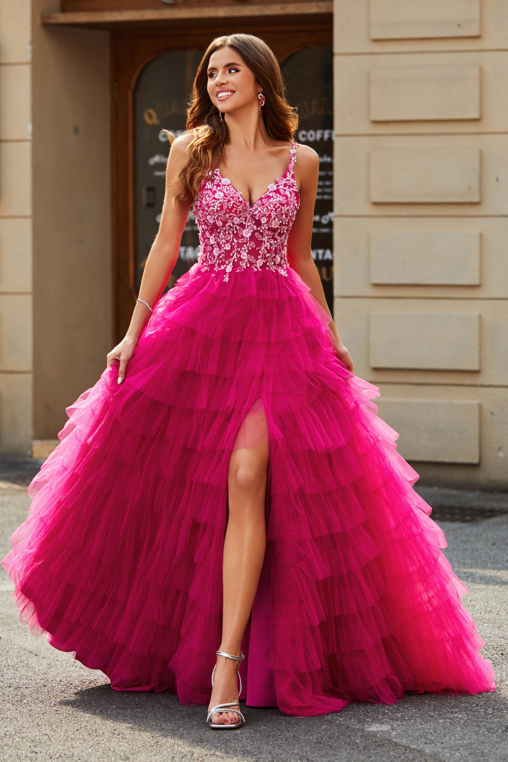 Fuchsia A-Line Spaghetti Straps Sparkly Beaded Tiered Long Prom Dress With Slit