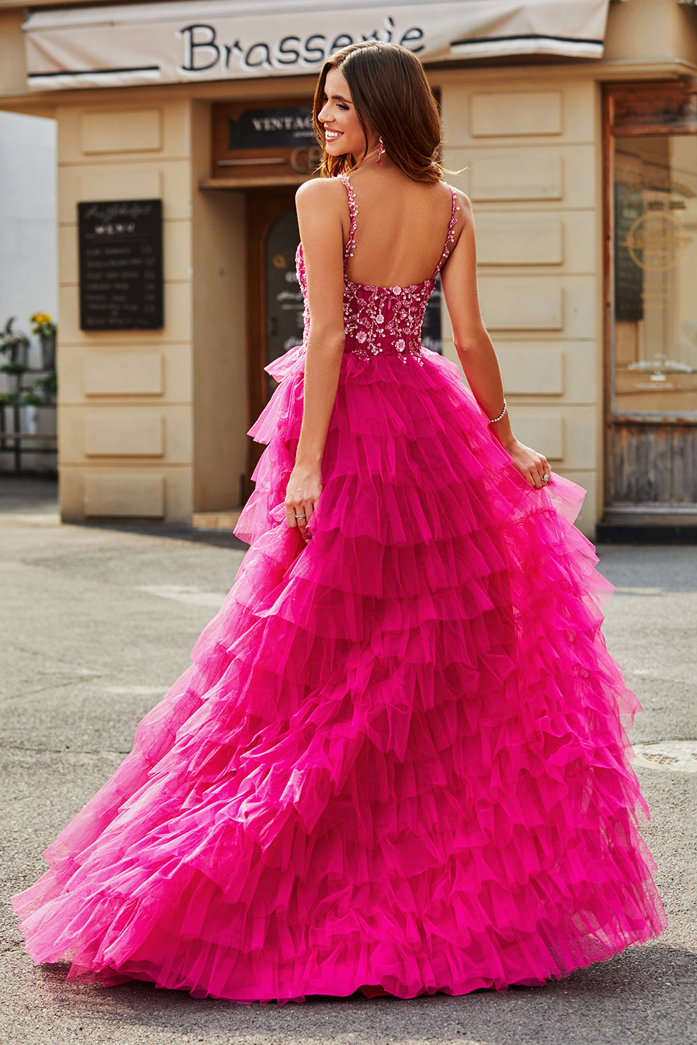 Fuchsia A-Line Spaghetti Straps Sparkly Beaded Tiered Long Prom Dress With Slit