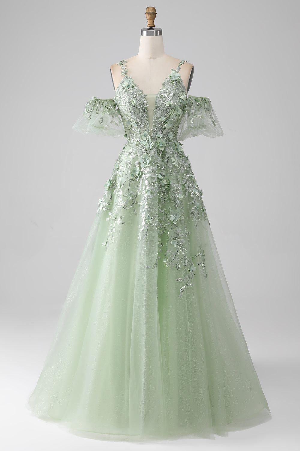 Sage A-Line Long Corset Appliqued Prom Dress with Detachable Sleeves