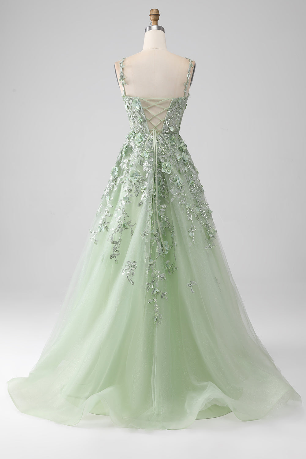 Sage A-Line Long Corset Appliqued Prom Dress with Detachable Sleeves