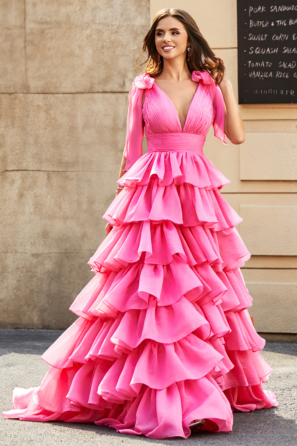 Fuchsia A-Line Deep V Neck Tiered Long Prom Dress With Slit