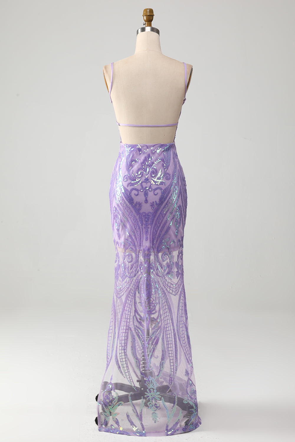 Light Purple Spaghetti Straps Sparkly Sequin Backless Prom Dress