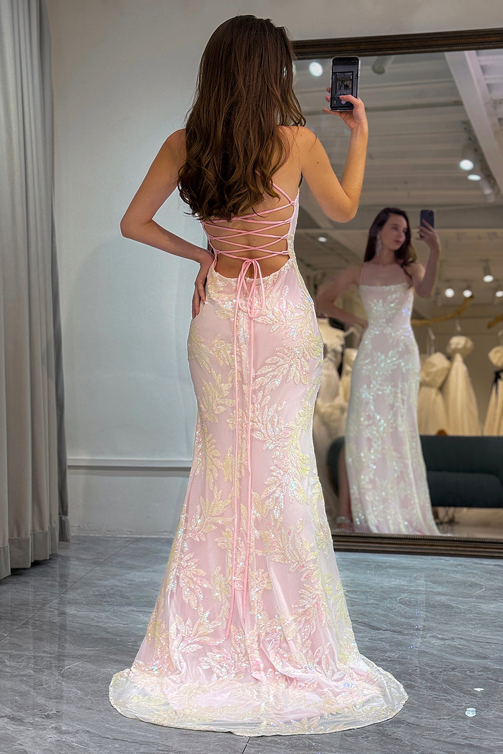 Sparkly Pink Mermaid Spaghetti Straps Long Prom Dress with Slit