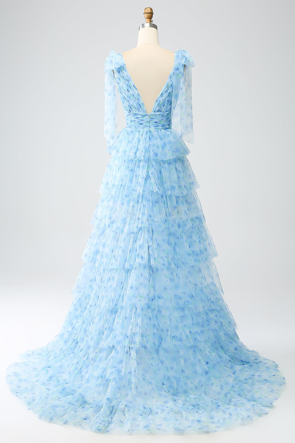 A-Line V-Neck Light Blue Tiered Prom Dress