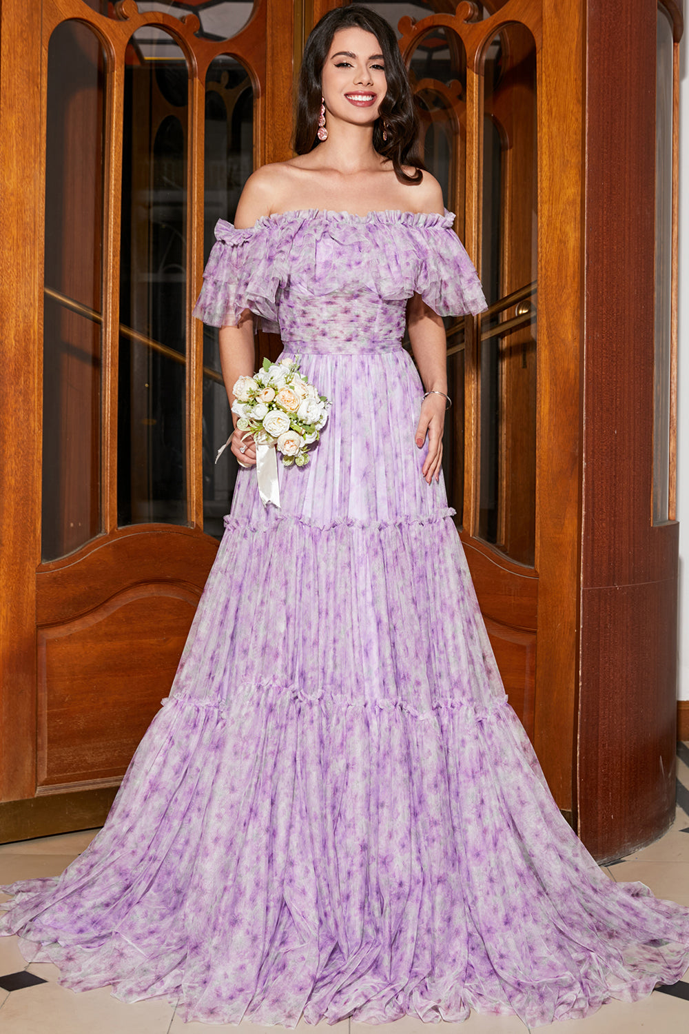 Gorgeous Lilac Floral A Line Off the ShoulderLong Prom Dress with Ruffles