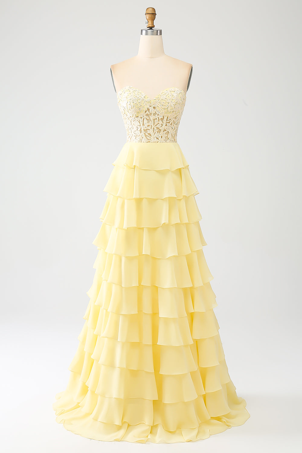 Yellow A-Line Sweetheart Tiered Corset Long Prom Dress